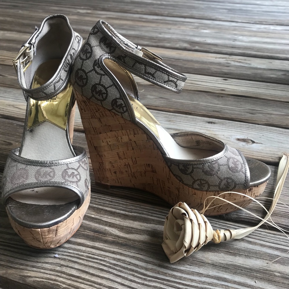 Brown bronze Michael Kors cork wedge heels size 8